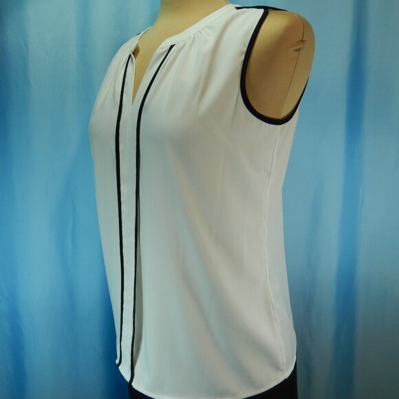 Calvin Klein White Sleeveless V-Neck with Black Piping Size Small Career Top EUC - Picture 3 of 10